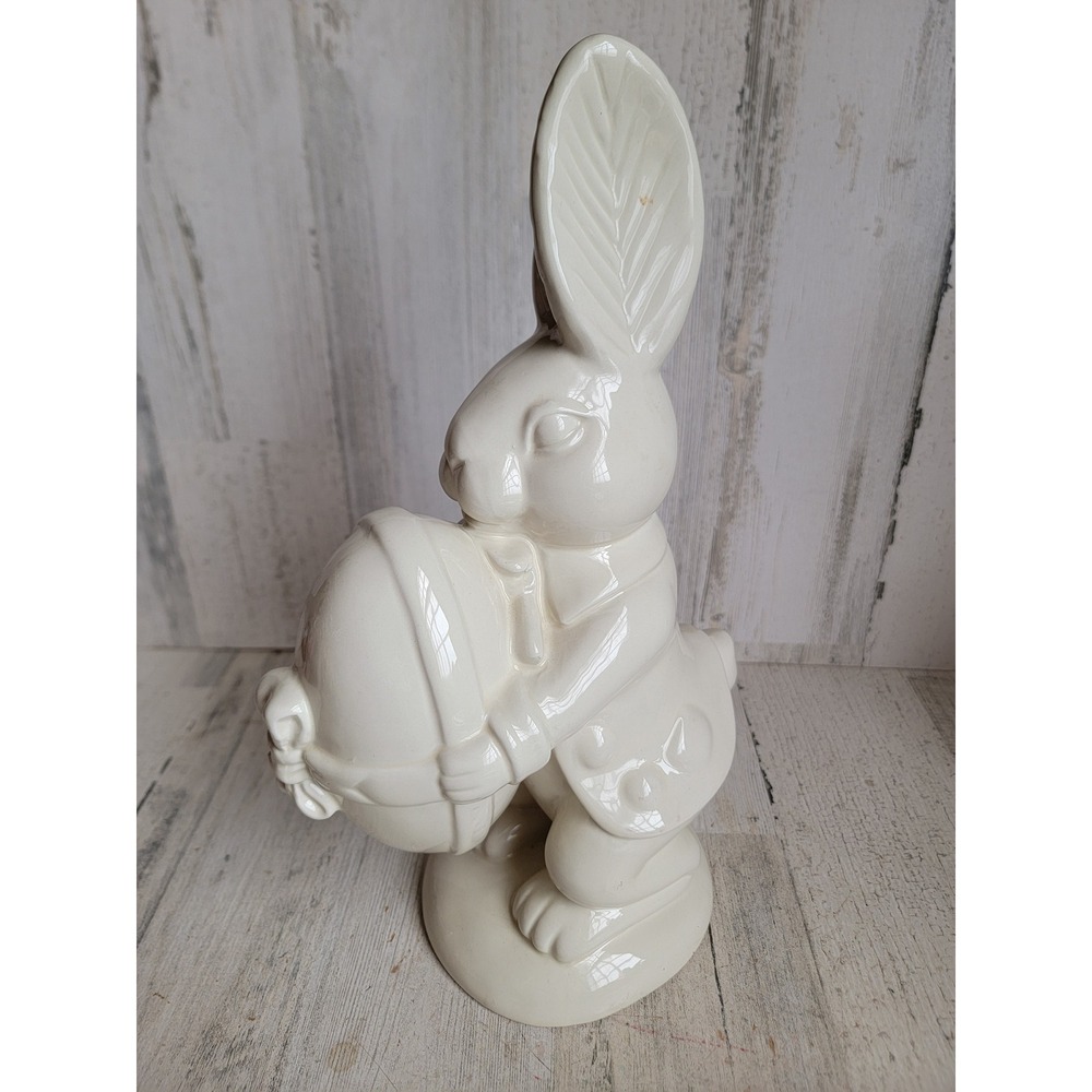 vintage Easter rabbit holding egg ceramic spring home‎ decor figure